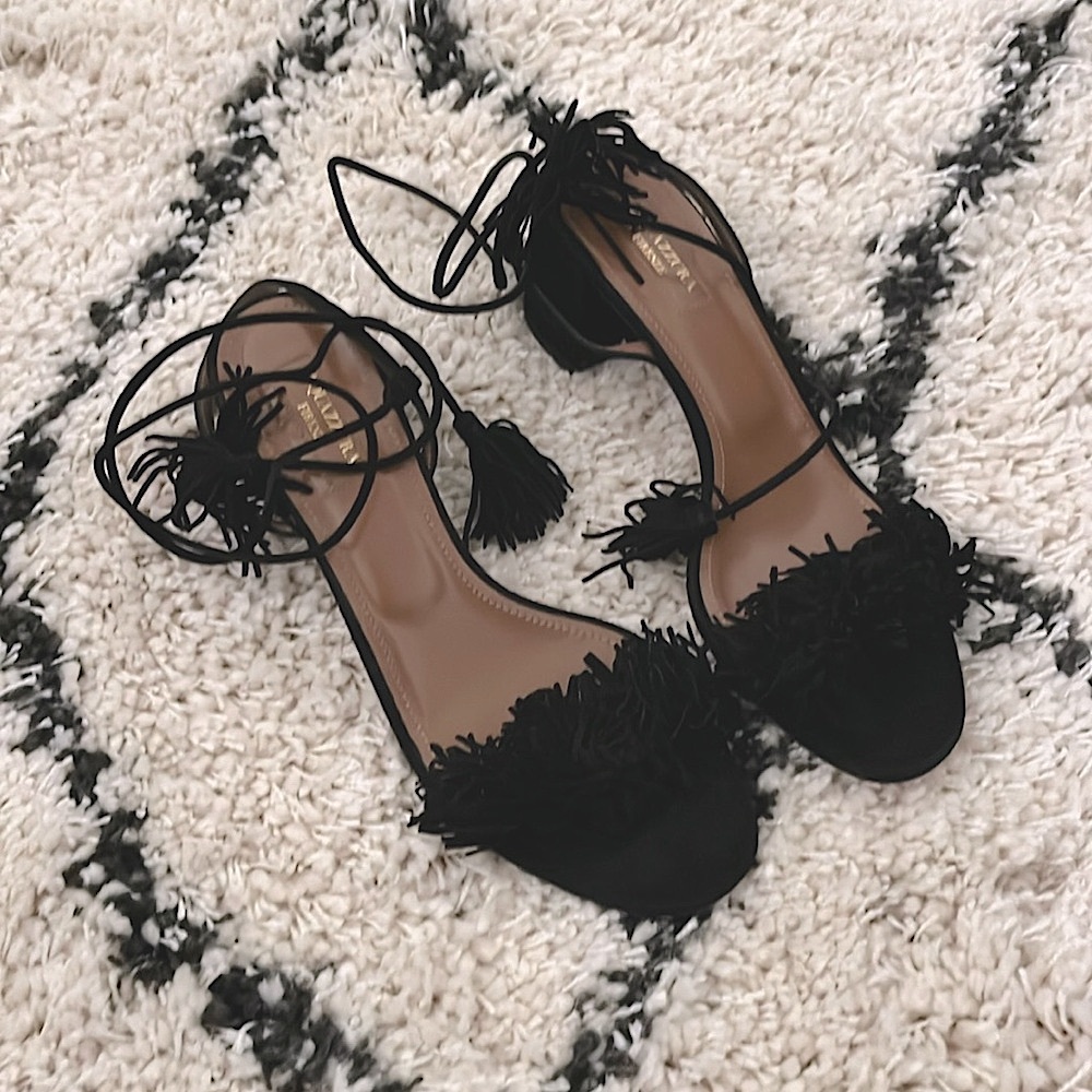 Aquazzura Black Suede Frings Block Heels Lace Up Size 38